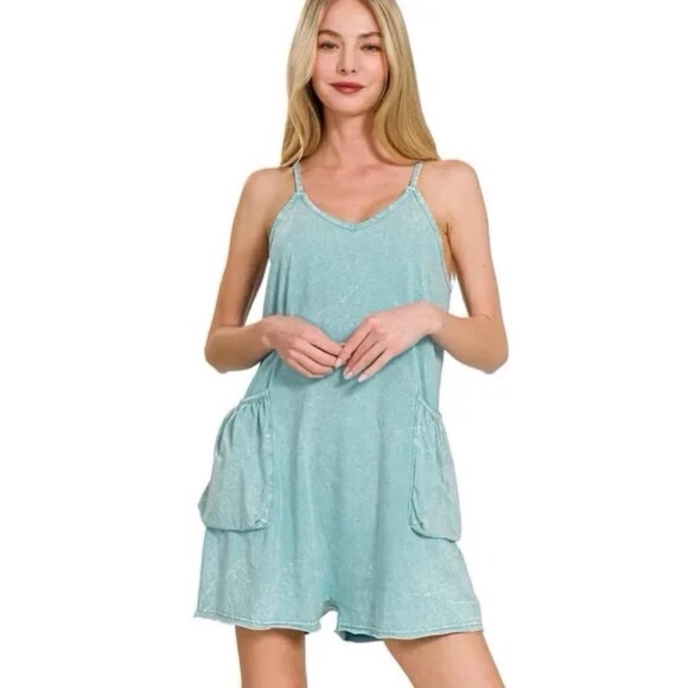 Zenana Outfitters Mint Green Romper with Patch Pockets